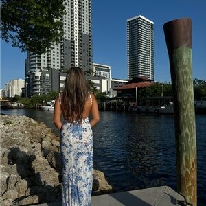Sherri Hill limited edition blue and white floral prom dress backless